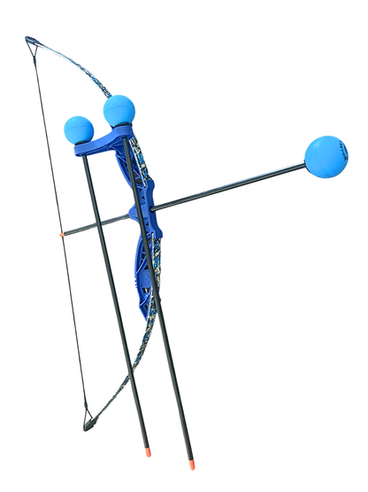 blue archery bow with three foam arrows